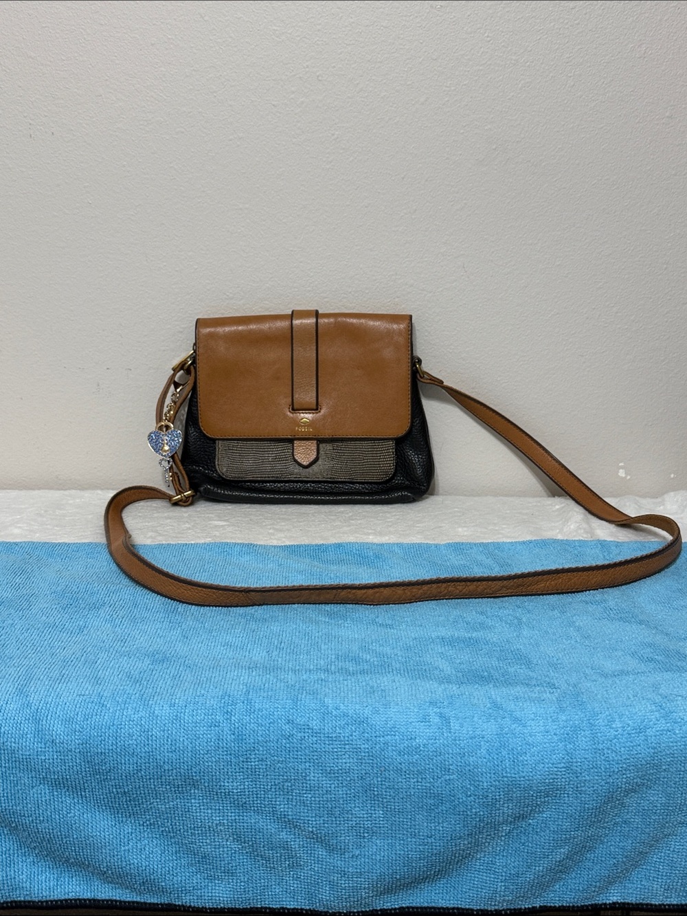 Fossil Tan and Black Crossbody Shoulder Bag - Sleek Everyday Style